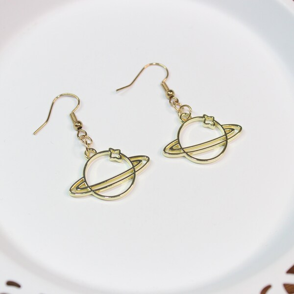 Gold Saturn Earrings | Space Earrings | Planet Earrings | Minimalist Earrings | Kawaii | Gift for Her | Cottage Core | Clip On Earrings