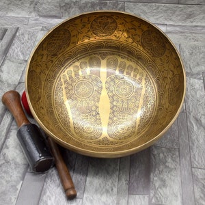 12 inches Foot Carved Tibetan Singing Bowl - Large Healing Meditation Yoga Chakra Balancing Head Therapy Bowls - mallet cushion set