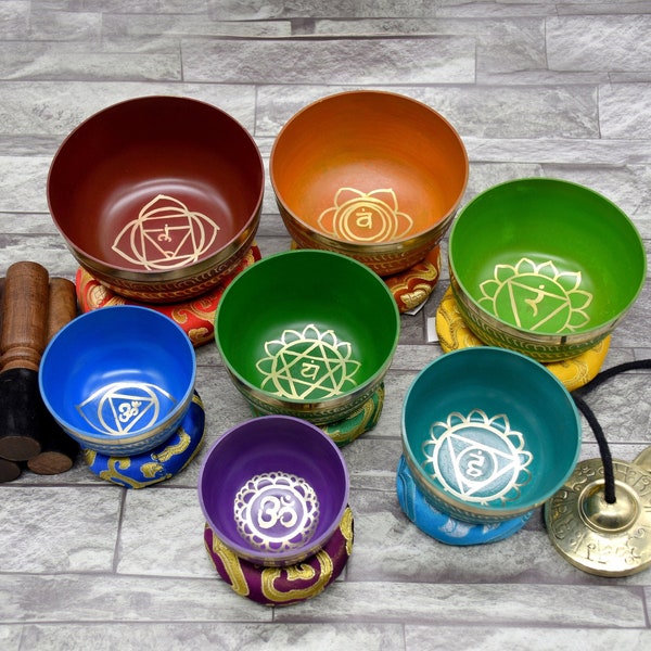 Tibetische Klangschalen 7er Set - Heilset - Meditation Yoga Klangbäder - Sieben Chakra Schalen -Klangschalen mit Tragetasche Tingsha Becken