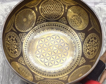 Cuencos tibetanos de 30 cm con la Flor de la Vida - Cuenco tibetano para meditación, yoga y sanación sonora - Geometría sagrada de 8 esquinas - Cuencos bendecidos por Buda
