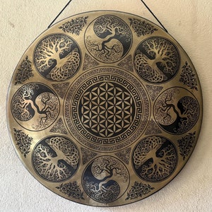 70 cm Tree of life Scared geometry Flower of life Temple Bell Gong with stand - Large gong with mallet - Meditation sound Bath Healing gong
