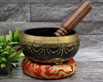 Cuenco tibetano de bronce de 5 pulgadas con forma de flor de la vida. Set de regalo para meditación, yoga y sanación. Cuencos del tamaño de la palma de la mano, fáciles de tocar.
