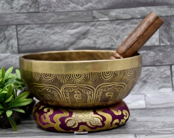 8 Inch Etching Carving Singing bowl - Shankha Carved - Tibetan Mantra Singing bowls for sound healing meditation yoga chakra balance - gift