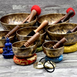 5 inch to 10 inches Tiger EYE antique finishing Singing Bowl Set of 7 -Seven Note Professional Healing Bowls 440 Hertz -seven mallet cushion