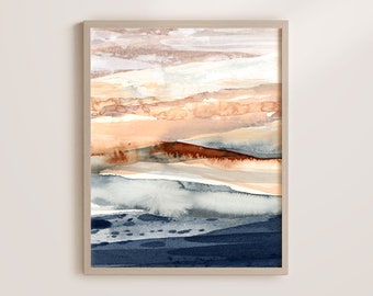 Abstract Art Print, Tan and Blue Abstract Watercolor, Terracotta Wall Art, Earth Tones Artwork, Neutral Beige and Navy Ocean Painting
