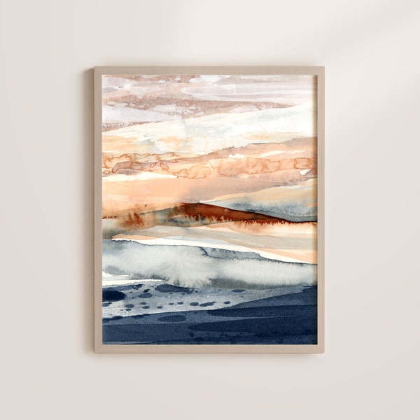 Abstract Art Print, Tan and Blue Abstract Watercolor, Terracotta Wall Art, Earth Tones Artwork, Neutral Beige and Navy Ocean Painting