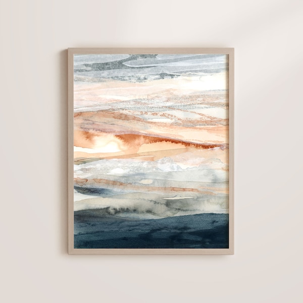 Abstract Art Print, Blue and Terracotta Wall Art, Minimalist Art, Modern Landscape Painting, Rust and Navy Art, Neutral Beige and Blue Decor