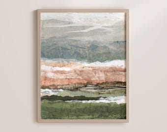 Abstract Mountain Landscape Art Print: Muted Earth Tones, Sage Green
