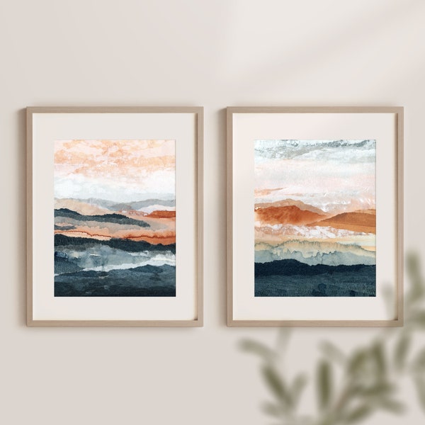 Set of 2 Wall Art, Vertical Landscape Prints, Navy and Terracotta Prints, Burnt Orange Prints, Mountain Scene Prints, Matching Art Prints
