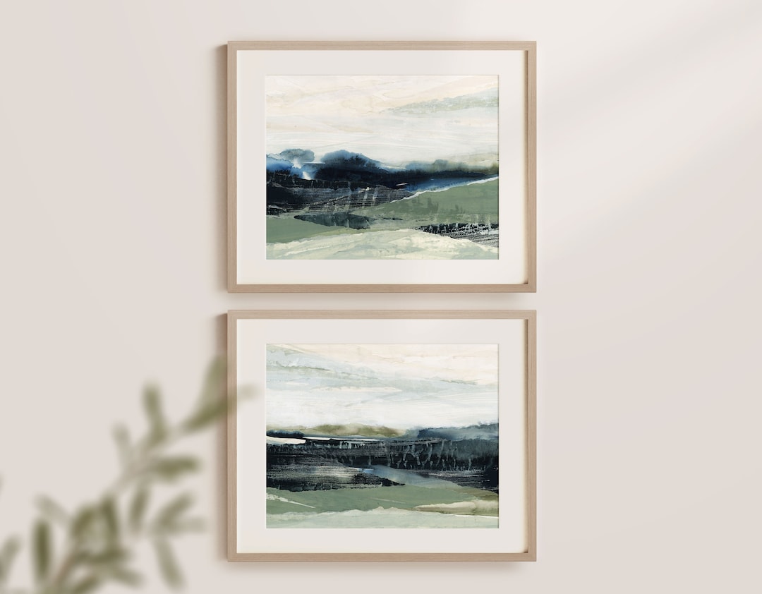 Set of 2 Abstract Landscape Prints: Navy Blue, Sage Green Wall Art - Etsy