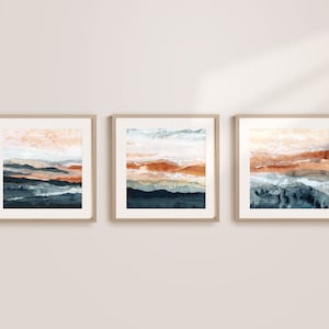 Set of 3 Square Prints, Navy and Terracotta Prints, Burnt Orange Prints, Mountain Scene Prints, Square Wall Art, Art Print Bundle