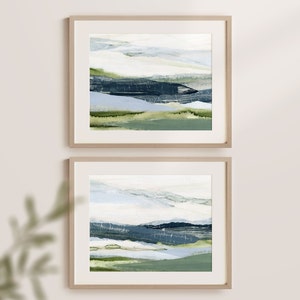 Set of 2 Prints, Abstract Art Prints, Blue and Green Wall Art, Meadow Art, Rolling Hills Landscape, Bedroom Artwork, Sage Green Art Print