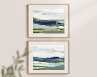 Set of 2 Prints, Abstract Art Prints, Blue and Green Wall Art, Meadow Art, Rolling Hills Landscape, Bedroom Artwork, Sage Green Art Print
