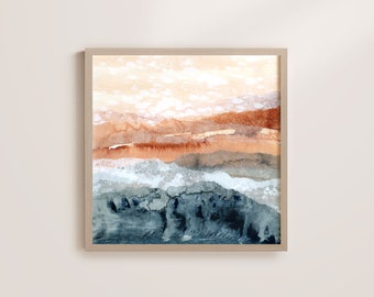 Terracotta and Blue Art Print, Abstract Art Print, Colorful Wall Art, Square Landscape Print, Earthy Tones Artwork, Earth and Water Painting