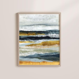 Abstract Landscape Art Print: Navy, Mustard, and Blue Wall Decor