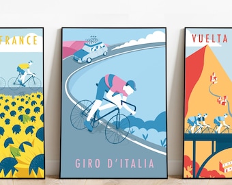 Stampe Grand Cycling Tours / 3 stampe x / Tour de France, Vuelta a España, Giro d'Italia / Wall Art