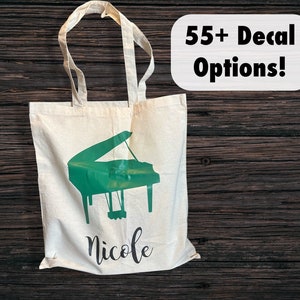 Music Tote Bag, Personalized, Music Gift, Canvas Bag, Reusable Bag, Music Teacher, Piano, Violin, Flute, Drums, Cello, Clarinet, Trumpet