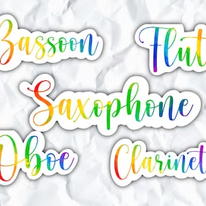 Rainbow Woodwind Stickers, Bassoon, Flute, Saxophone, Oboe, Clarinet, Orchestra, Band Geek, Musician Gift, Music Teacher, Waterproof Decal