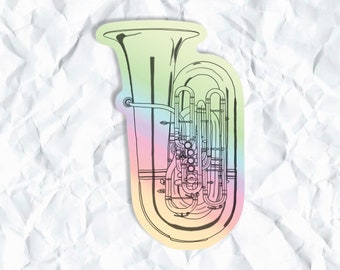 Holographic Tuba Sticker, Waterproof, Gift for Music Teacher, Brass Instrument, Bass Clef, Band, Orchestra, Music Education, Marching Band