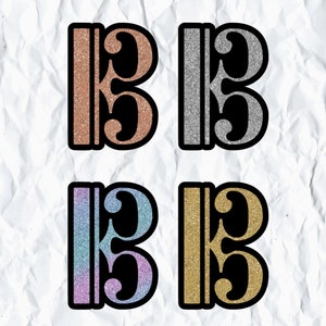 Glittrig tenor- eller altklavklistermärke, guld, silver, roséguld, enhörning, glittermönster, holografisk, viola, trombon, fagott, vattentät