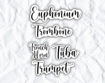 Brass Instrument Stickers, Black and White, Euphonium, Trombone, French Horn, Tuba, Trumpet, Band Geek, Orchestra, Musician Gift, Teacher