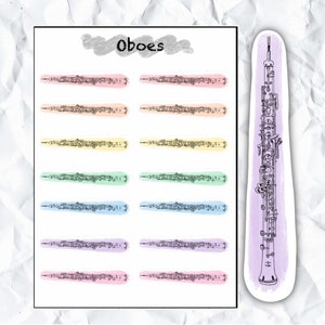 May include: A sheet of stickers featuring illustrations of oboes with musical notes. The stickers are on a white background with pastel colored stripes. The word "Oboes" is written at the top of the sheet. There is a single sticker of an oboe on a purple background.