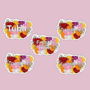 Instrument Flower Sticker, Trumpet, Trombone, Tuba, French Horn, Euphonium, Gift for Musician, Woodwind, Classical Music Sticker, Orchestra