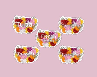 Instrument Flower Sticker, Trumpet, Trombone, Tuba, French Horn, Euphonium, Gift for Musician, Woodwind, Classical Music Sticker, Orchestra