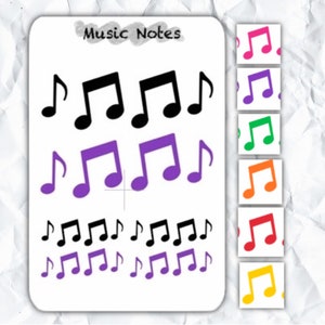 May include: A white sticker sheet with the words "Music Notes" and illustrations of musical notes in black and purple. A color palette of musical notes in pink, purple, green, orange, red, and yellow is shown on the right.