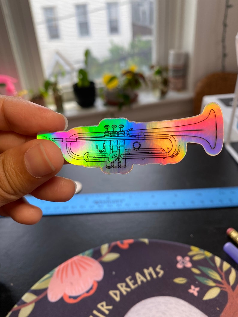 Trumpet Holographic Sticker, Holo, Gift for Music Teacher, Band Sticker, Orchestra Sticker, Water Proof Sticker, Instrument Sticker, Cornet image 2