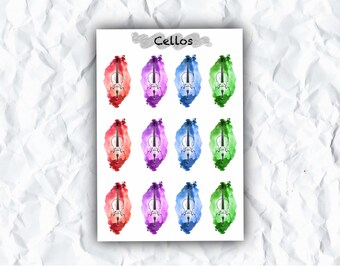 Cello Water Color Sticker Sheet, Musician Gift, Cellist, Orchestra, String Instrument, Music Teacher, Planner Stickers, Decal, Band Geek