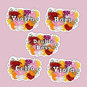 String Instrument Flower Sticker, Violin, Viola, Cello, Double Bass, Harp, Gift for Musician, Classical Music, Orchestra, Water Proof