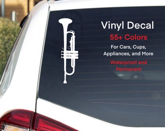 May include: White vinyl decal of a trumpet with the text "Vinyl Decal 55+ Colours For Cars, Cups, Appliances, and More Waterproof and Permanent".