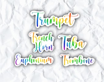 Rainbow Brass Instrument Stickers, Trumpet, French Horn, Tuba, Euphonium, Trombone, Orchestra, Band Geek, Musician Gift, Music Teacher