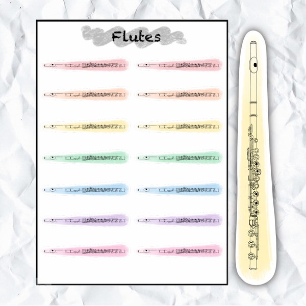 Rainbow Flute Sticker Sheet, Music Sticker, Musician Gift, Gift for Music Teacher, Woodwind Instrument, Orchestra, Band Geek, Planner, Decal
