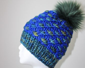 100% Merino Wool - Blue and Green Lotus Flower Hat