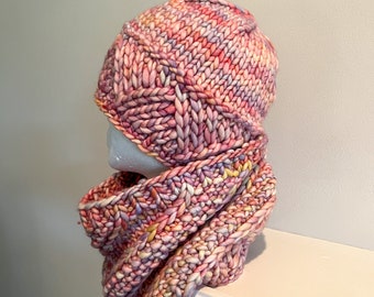 Hat and Cowl Set - Pink Rainbow