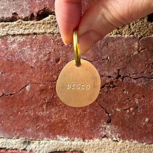 May include: A round, brushed brass tag with an irregular, organic edge. The word DISCO is stamped in capital letters across the centre of the metal surface. A small, circular brass jump ring is attached to the top of the tag for hanging.