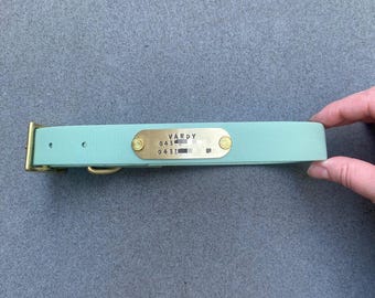 Personalised Waterproof Biothane Dog Collar with Hand Stamped Name: Solid Brass Hardware, Easy Clean, Silent Name Tag