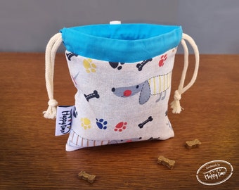 Soft fabric dog treat bag / pet training bag. Zero-waste dog treat drawstring pouch. Belt/carabeneer loop on the top, compact size.