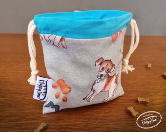 Soft fabric dog treat bag / pet training bag. Zero-waste dog treat drawstring pouch. Belt/carabeneer loop on the top, compact size.