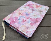 Adjustable Fabric Book Cover for Paperback or Hardcover Books Journals, Universal Book Sleeve. Hydrangea Flower Floral Print Blue Lining