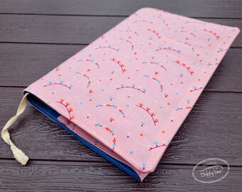 Adjustable Fabric Book Cover for Paperback or Hardcover Books & Journals, Universal Book Sleeve. Pink Vintage Design + Floral Style Garlands