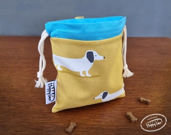 Soft fabric dog treat bag / pet training bag. Zero-waste dog treat drawstring pouch. Belt/carabeneer loop on the top, compact size.