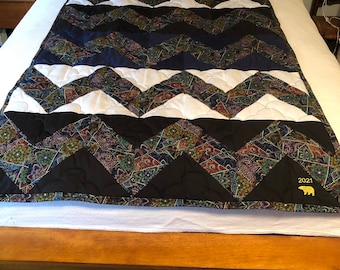 Chevron Lap Quilt, Black - White - Navy and dark multi material