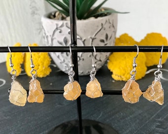 Raw Citrine Wire Wrapped Crystal Earrings - Natural Stone Earrings - Gemstone Healing Earrings