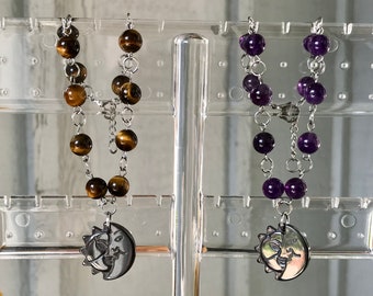 Sun And Moon Hematite Charm Anklet - Assorted Gemstones - Stainless Steel - Birthday Gift - Courage - Protection - Focus - Balance - Focus