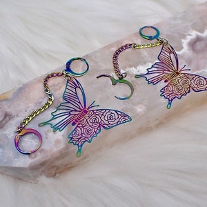 Holographic Butterfly Loop Earplug Holder Earrings dangle earring, stainless steel, hypoallergenic, neurodivergent, concert, rainbow, rave image 3