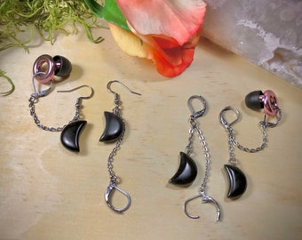 Obsidian Moon Loop Earplug Holder Earrings -  crystal healing, dangle earring, stainless steel, moon phase, crescent moon, witchy jewelry