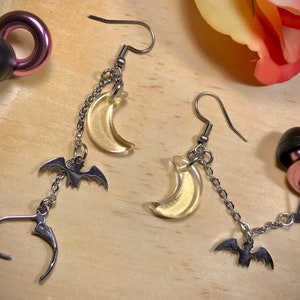 Bat & Moon Loop Earplug Holder Earrings - natural crystal healing, dangle earring, stainless steel, crescent moon, witchy jewelry